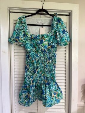 Zara Teal Blue Floral Smocked Mini Dress